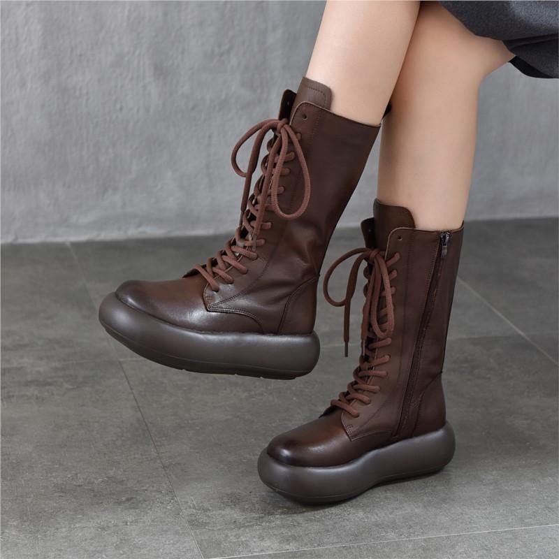 Johnature Genuine Leather Round Toe Thick Soled Mid-calf Boots Retro Lace Up Side Zipper Versatile Women's Boots
