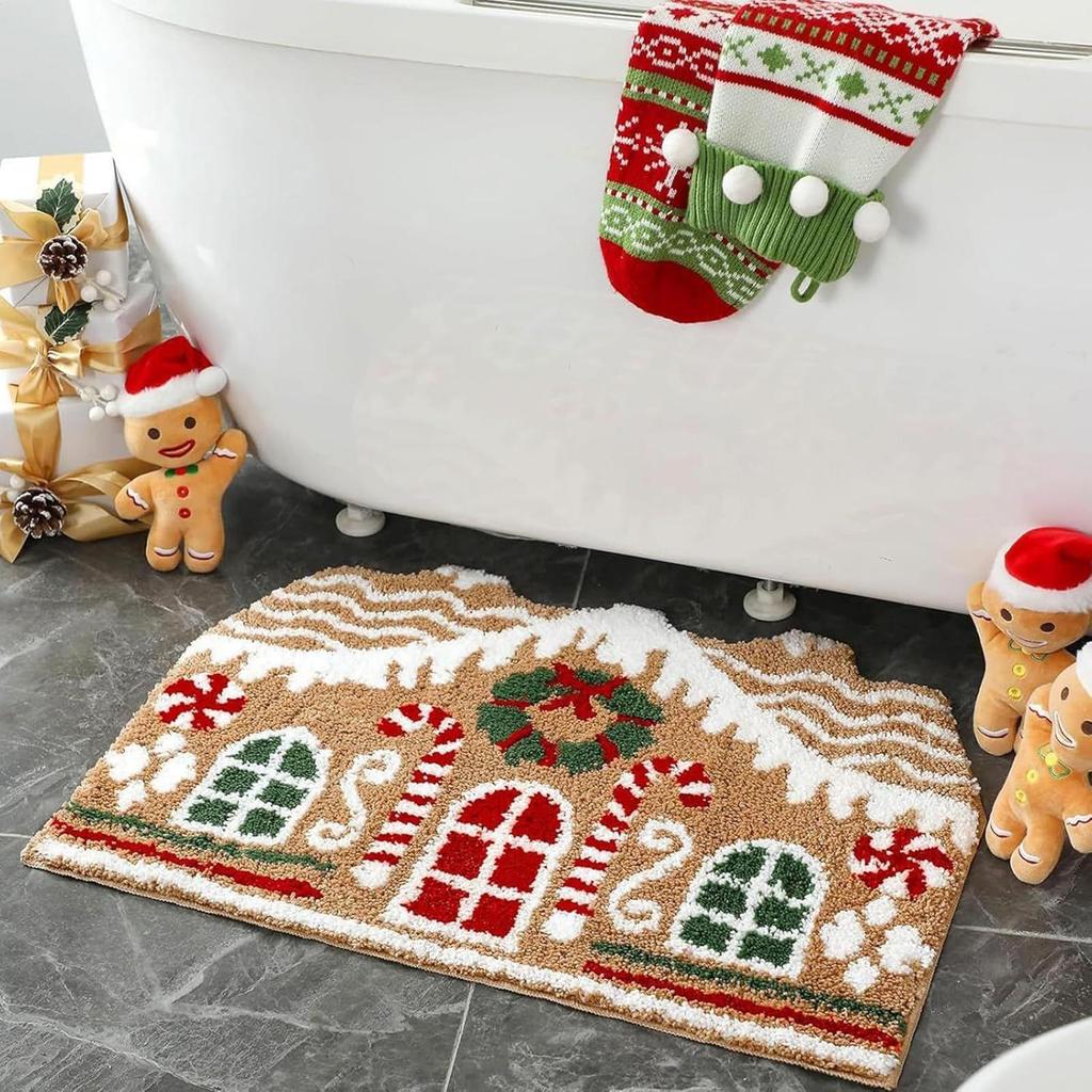 Christmas Entry Rug Entrance Mat Non Slip Gingerbread House Door Mat for Shower Floor Living Room Kitchen Porch Indoor Bathroom