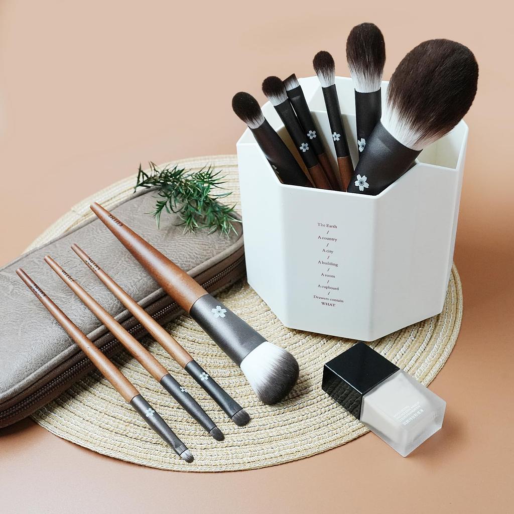 EDTRE Walnut Makeup Brush Set Multifunctional Makeup Brushes for Sensitive with PU Leather Storage Portable Makeup Brush Set (10 Pieces), Beginners,