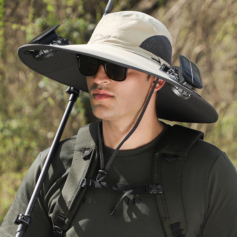 Solar-Powered Wide Brim Fishing Hat with Sunshade, Long-Lasting Battery Fan, and High Wind Power for Men.