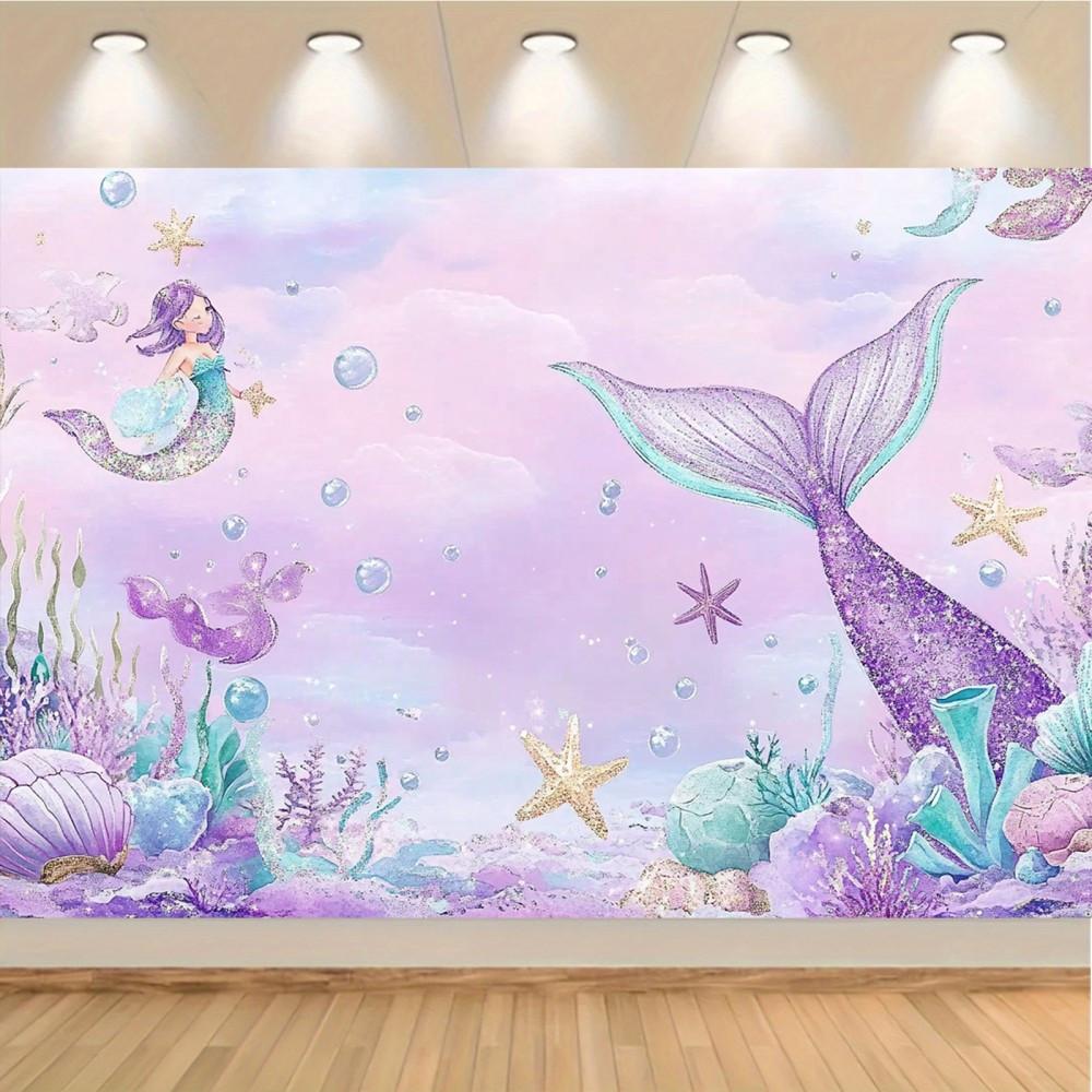 1 whimsical mermaid party backdrop | Shiny tail shell and starfish | polyester photo backdrop