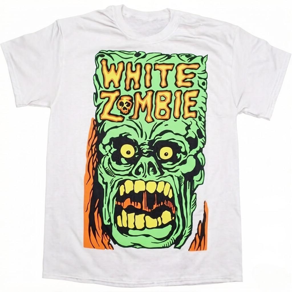 

Vintage White Zombie Band Graphic Print Short Sleeve Black TShirt for Unisex Casual Round Neck Tee with Bold Skull Design 2XL