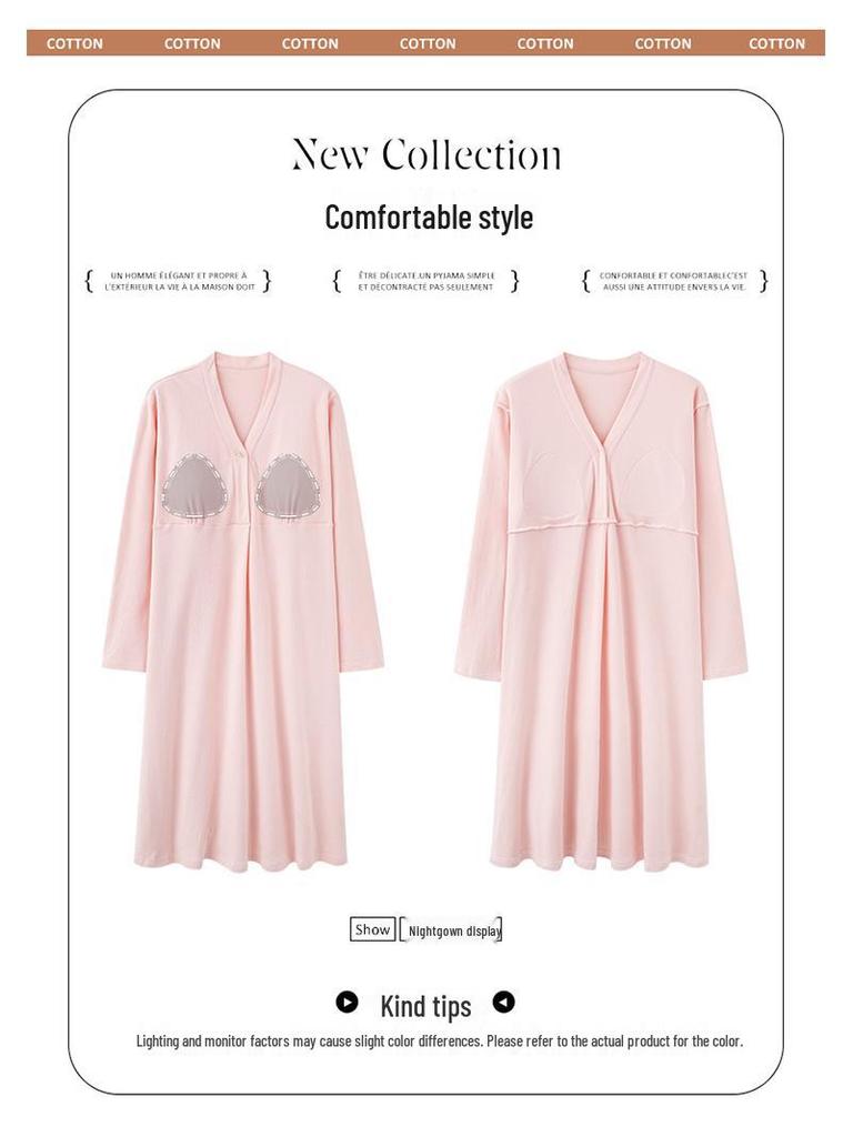 Bavlnová těhotenská noční košile s prsními vložkami pro předporodní a poporodní kojení, jarní/podzimní nošení