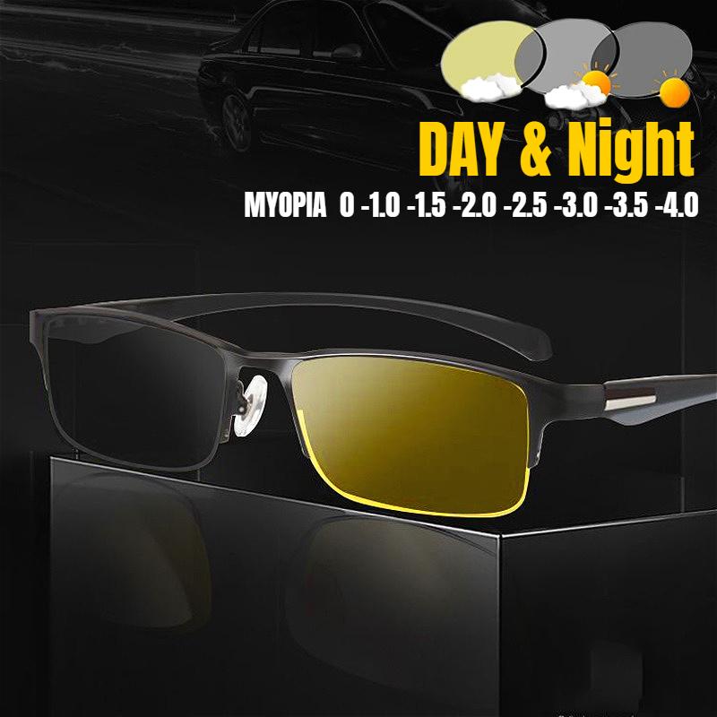 Business Style Night Vision Pochromic Myopia Glasses Men Vintage Day and Night Eyewear Yellow Lenses Near Sight Eyeglasses