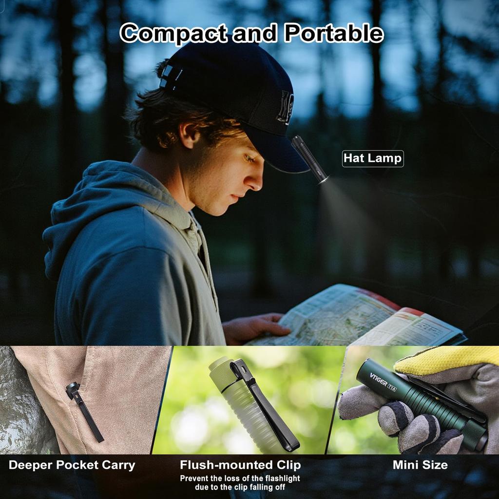 VTIGER T1A Compact Mini Pocket Flashlight with 1300 Compact AA Rechargeable Lightweight Flashlight with Super Bright Tail Switch and Magnetic Ideal