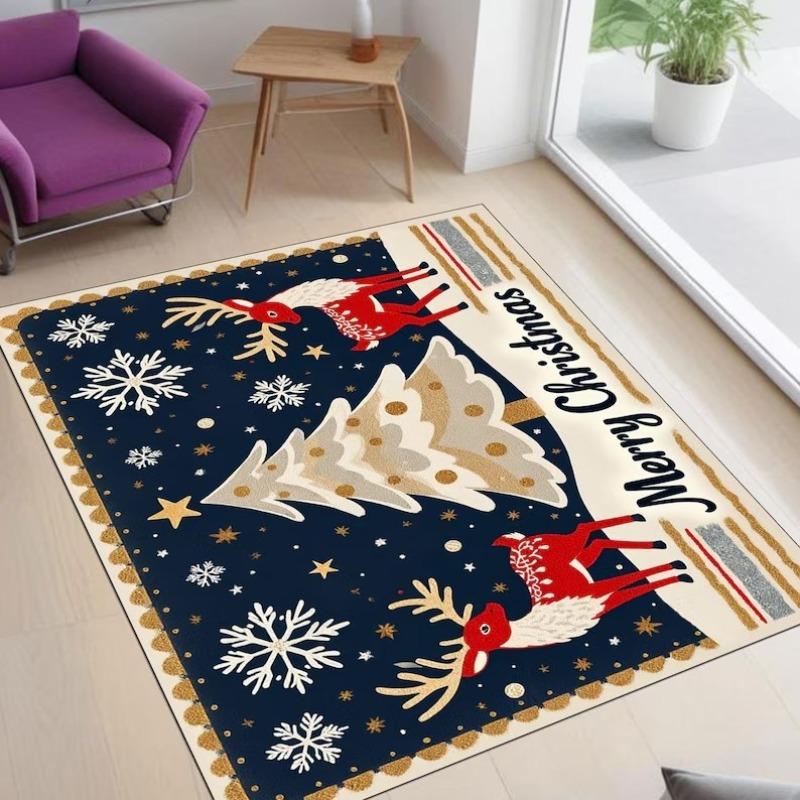 Navy Blue Christmas Rug with Red Reindeer and Tree Design, Festive Holiday Carpet with Snowflakes for Living Room Decor