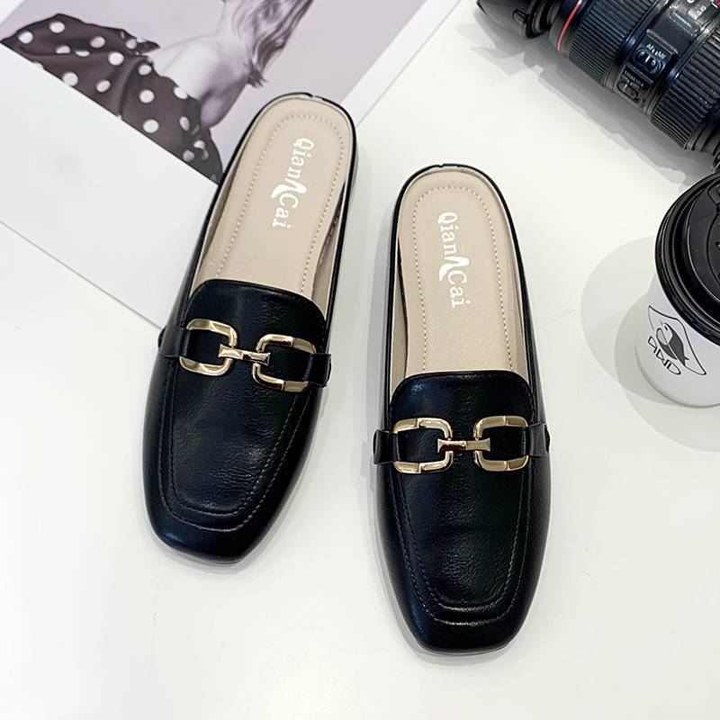 Internet celebrity bag head half slippers women's summer wear new lazy square head flat bottom half tray women's shoes