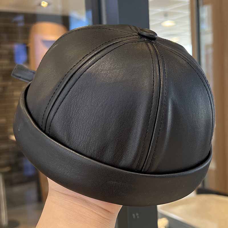 Spring and Summer Vintage Leather Landlord Hat with Adjustable Hip Hop and Brimless Melon Skin Hat Suitable for Men and Women