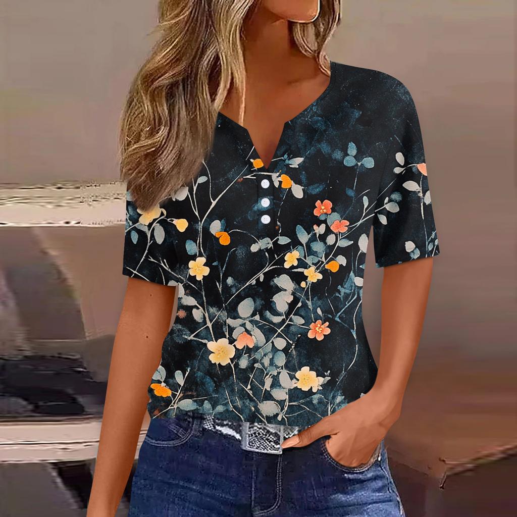 Maglietta da Donna Stampa Bottoni Manica Corta Quotidiano Weekend Moda Basic Scollo a V Regolare Top