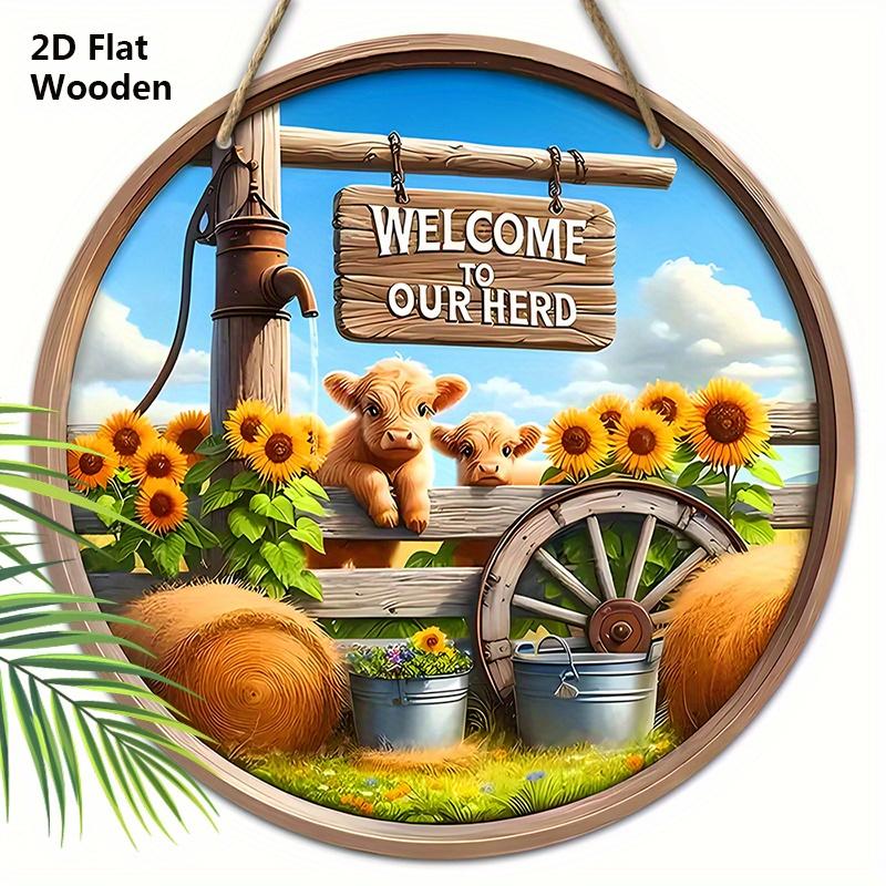

Wooden Welcome Sign with Highland Cattle & Sunflowers Design - Rustic Decorative Plaque for Farmhouse, Front Door Decor - Ideal gift for Family 20cm/7.87in жёлтый