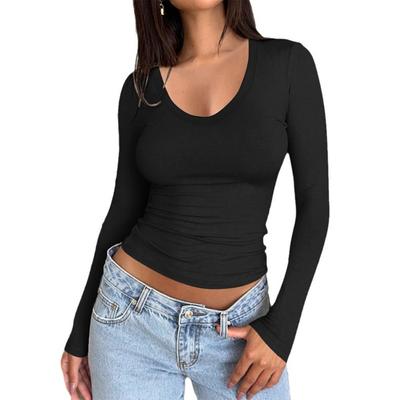 Herbst- und Winteroberteile für Damen, Slim Fit Langarm-T-Shirts mit U-Ausschnitt