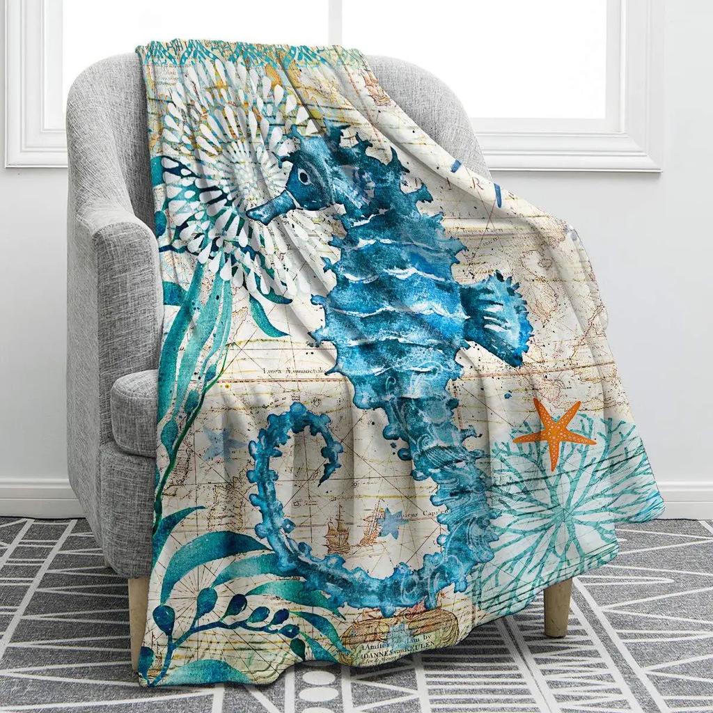 Marine animal cartoon animation digitalprinted polyester velvet flannel cover blanket Fleece soft sofa cover blankets for beds