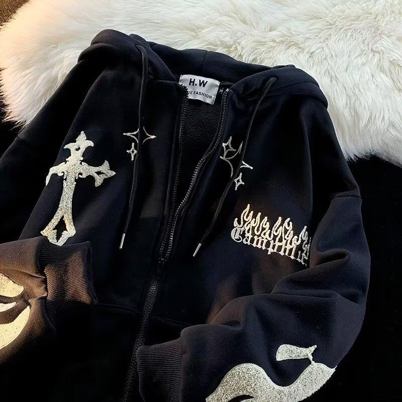 Retro Oversize Hoodie Sweatshirt Women's Casual Outerwear Spring Autumn Coat Fun Print Couple's Loose Fit Cardigan