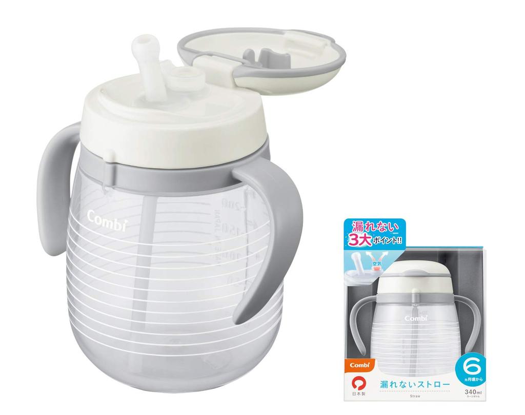 Combi Rakumug Leakproof 340ml Straw, Border, White,