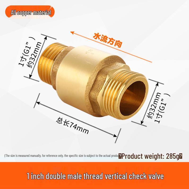 All-Copper 1-Inch Vertical Spring Check Valve with Male/Female Threads, One-Way Backflow Preventer for Water Pipes and Meters.
