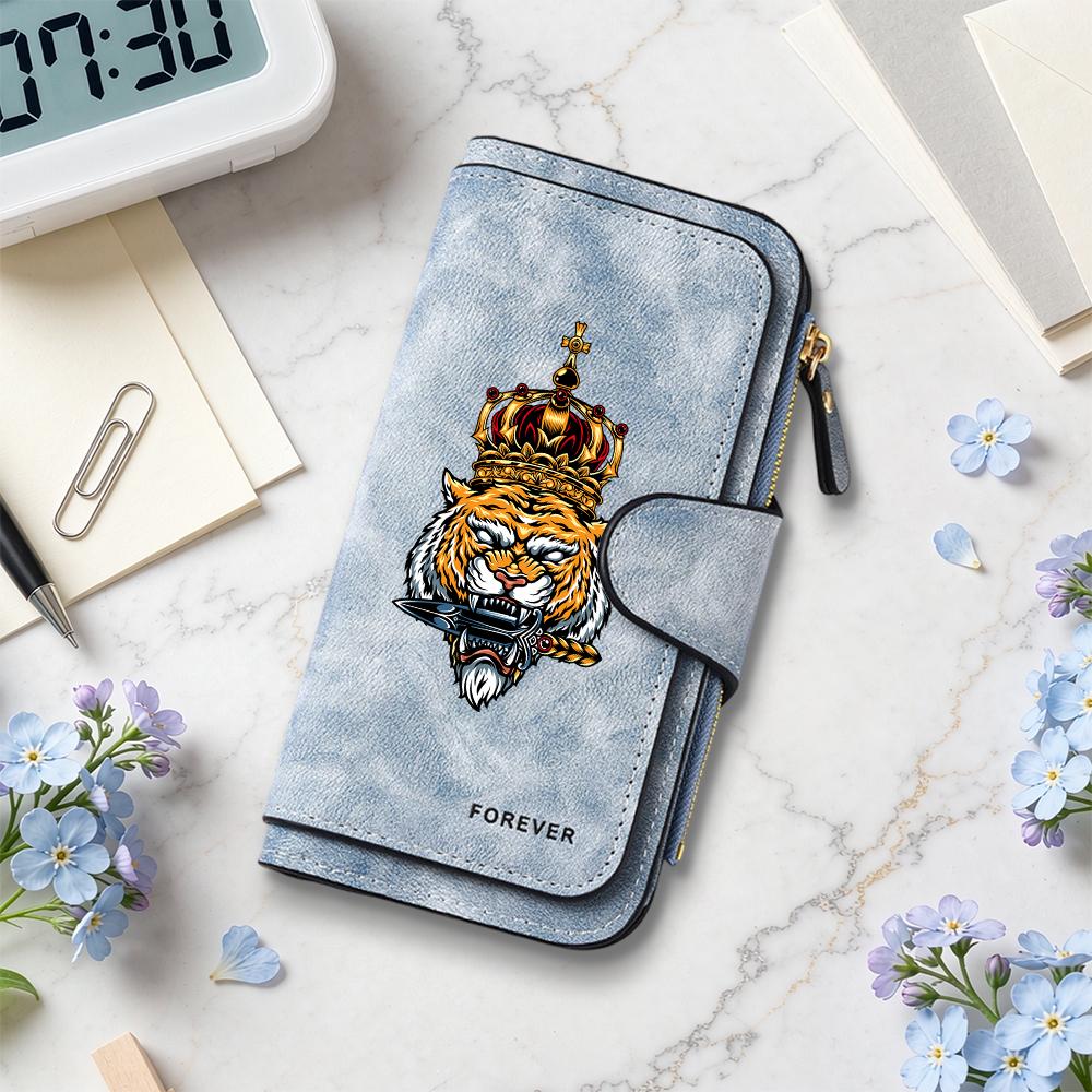 Tiger Crown Printed Long Wallet Casual Portable Forever Purse Stylish Faux Leather Cardholder
