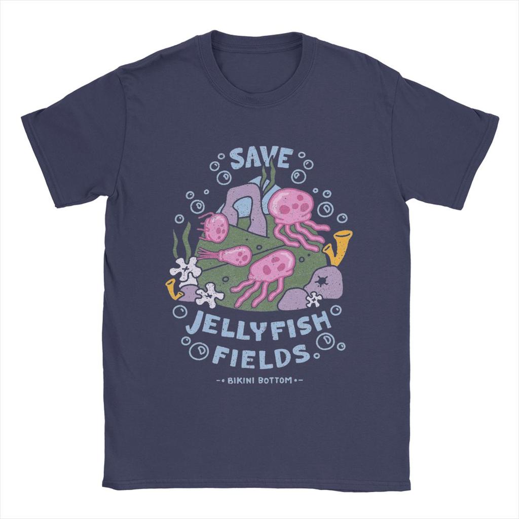 SpongeBobed Save Jellyfish Fields Bikini Bottom T-Shirts for Men Pure Cotton Tee Shirt Short Sleeve T Shirts Summer Clothes