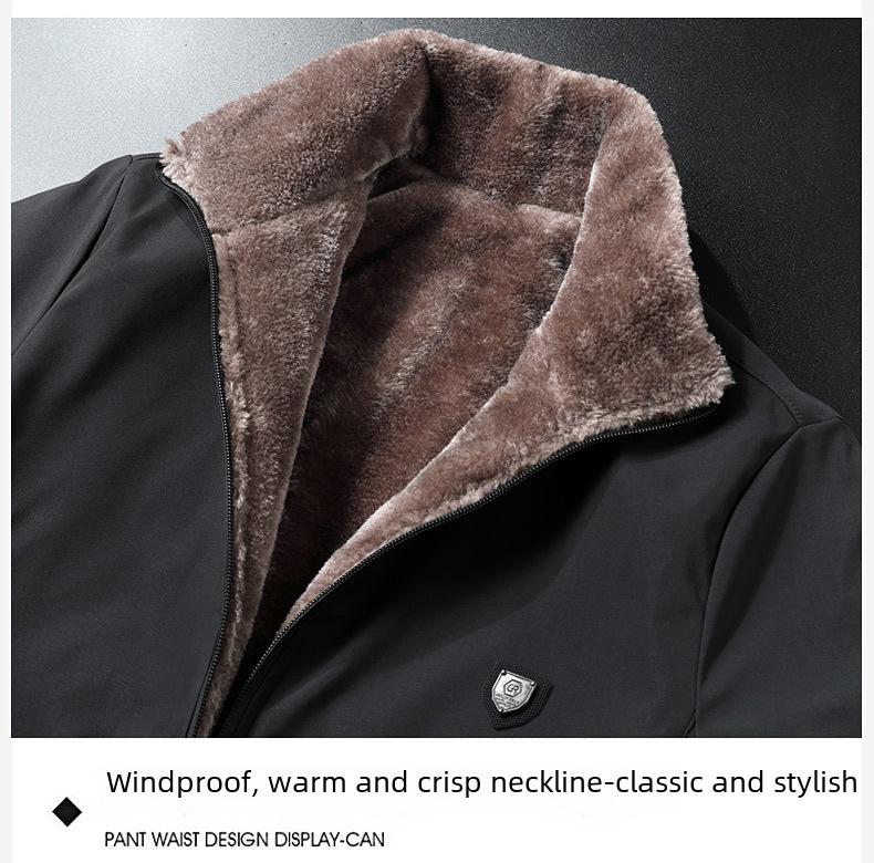 Mit Baumwolle gefütterter, warmer Wintermantel aus Samt für Herren mittleren und höheren Alters – lockere Passform, mittlere bis lange Größe.