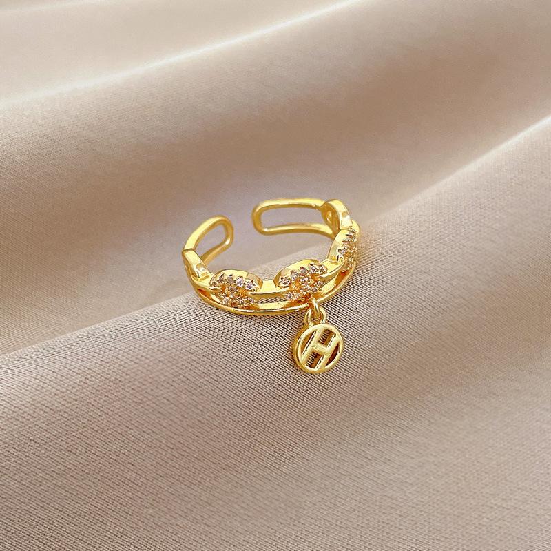 Real Gold Korean Version Super Flash Zircon Pig Nose Coin Ring Opening Adjustable Simple Hand Japanese Ring