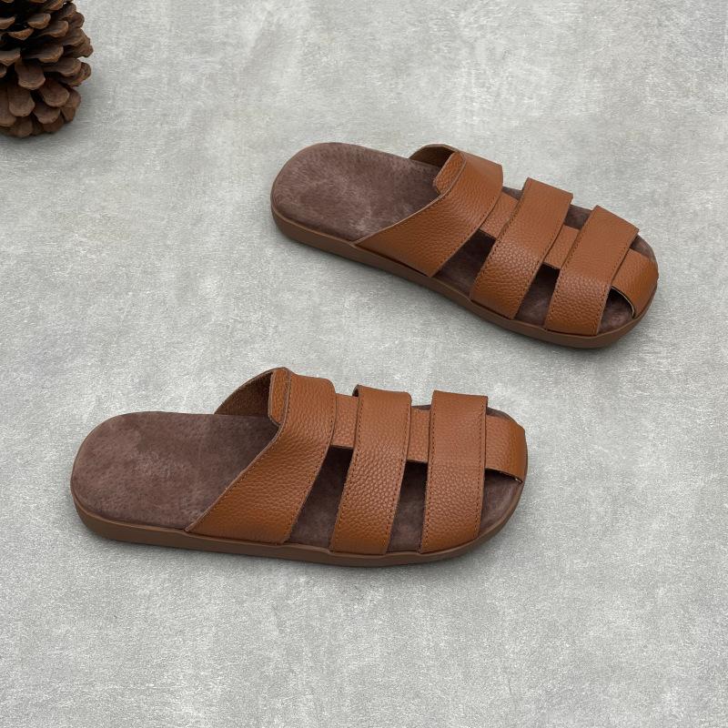 Johnature Genuine Leather Flat Slippers Weaving Hollow-out Breathable Casual Women's Slip-on Shoes