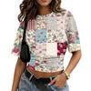 Women Crew Neck Pullover Printed Short Sleeve T Shirt Loose Fit Casual Top Patchwork Pattern Soft Comfortable Material