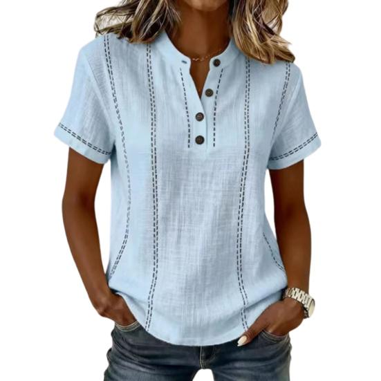 

Women Shirt V Neck Buttons Half Placket Short Sleeves Casual Blouse Pure Color Loose Fit Tee Shirt Parties Casual Wear XL синий
