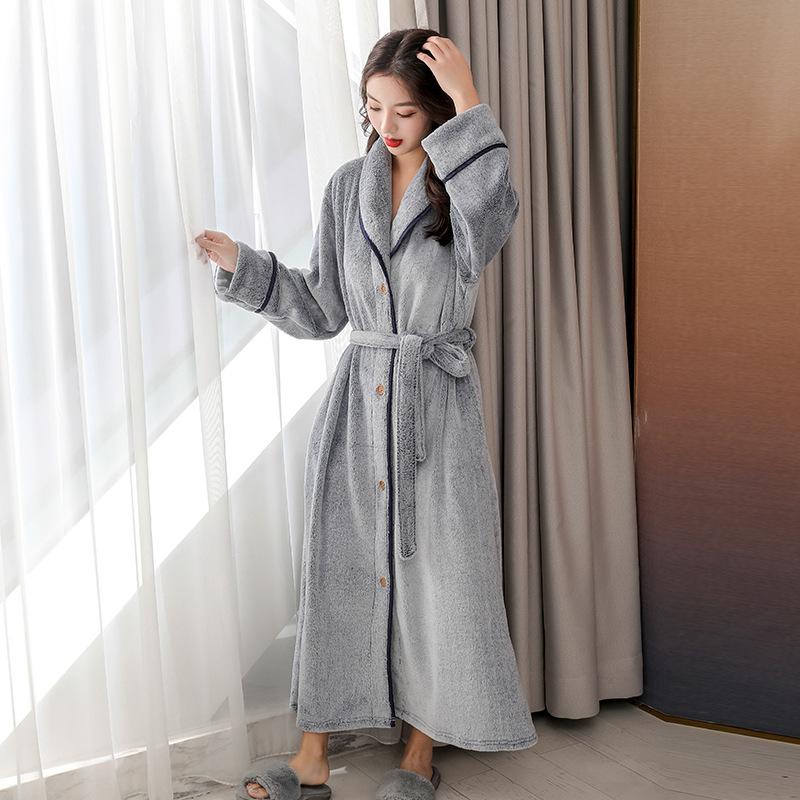 Couple Button Lapel Nightgown Women Thickened Long Robe Coral Fleece Bathrobe Men Large Nightwear Autumn Winter Flannel Homewear