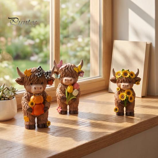 Charming Animal Figurine 4 Pcs Seasonal Highland Cow Figurines, Spring Summer Fall Winter Cute Desk Decor for Office Seasons Scottish Statue,