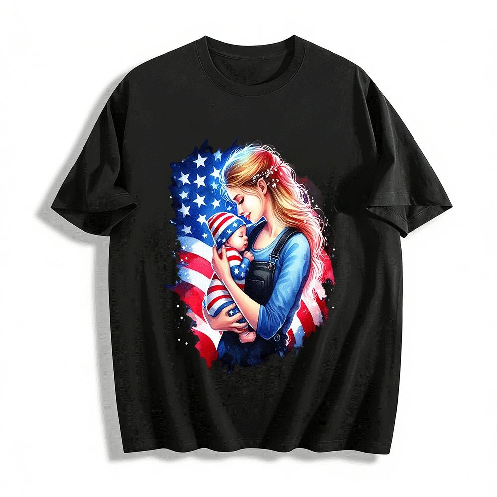 Patriotic Mom And Baby US Flag Print Casual Tee For Family Pure cotton T-shirt XXS