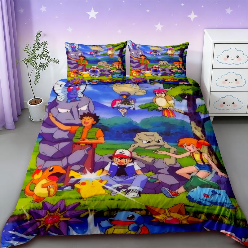 Pikachu Bedding Set Cartoon Anime Children Bedroom Quilt Cover Boy Girl Bedclothes Single Double King Pikachu Duvet Cover Gift