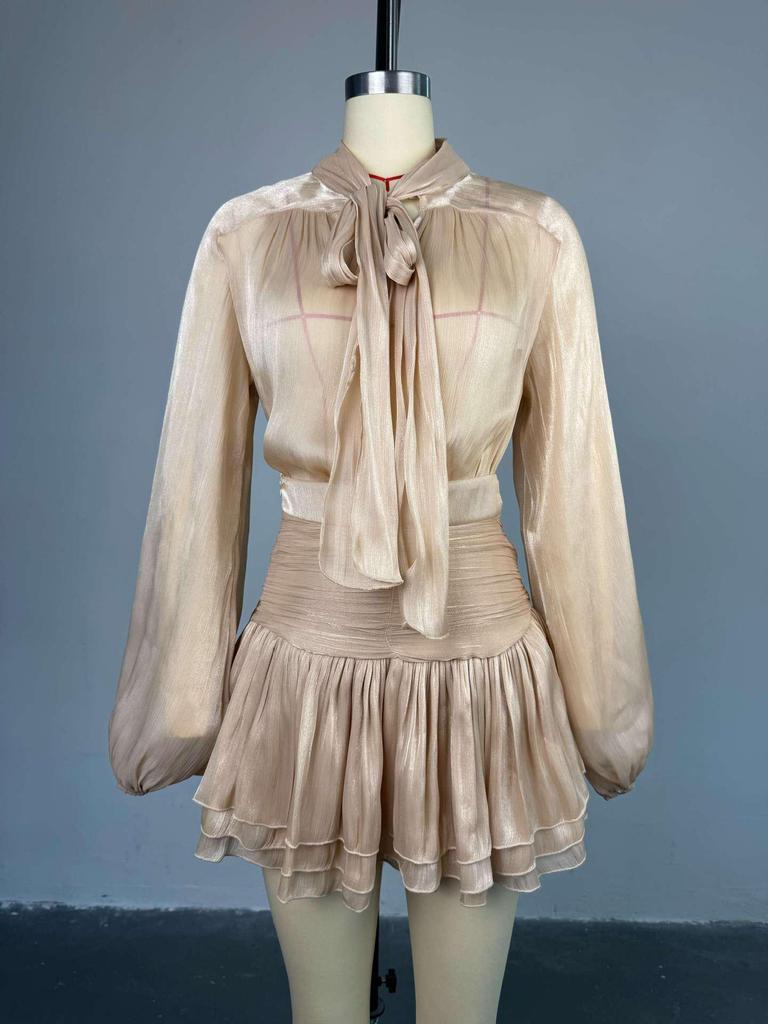 European-American Women's Fashion: Bow-Tie Top & Ruched Midi Skirt Set