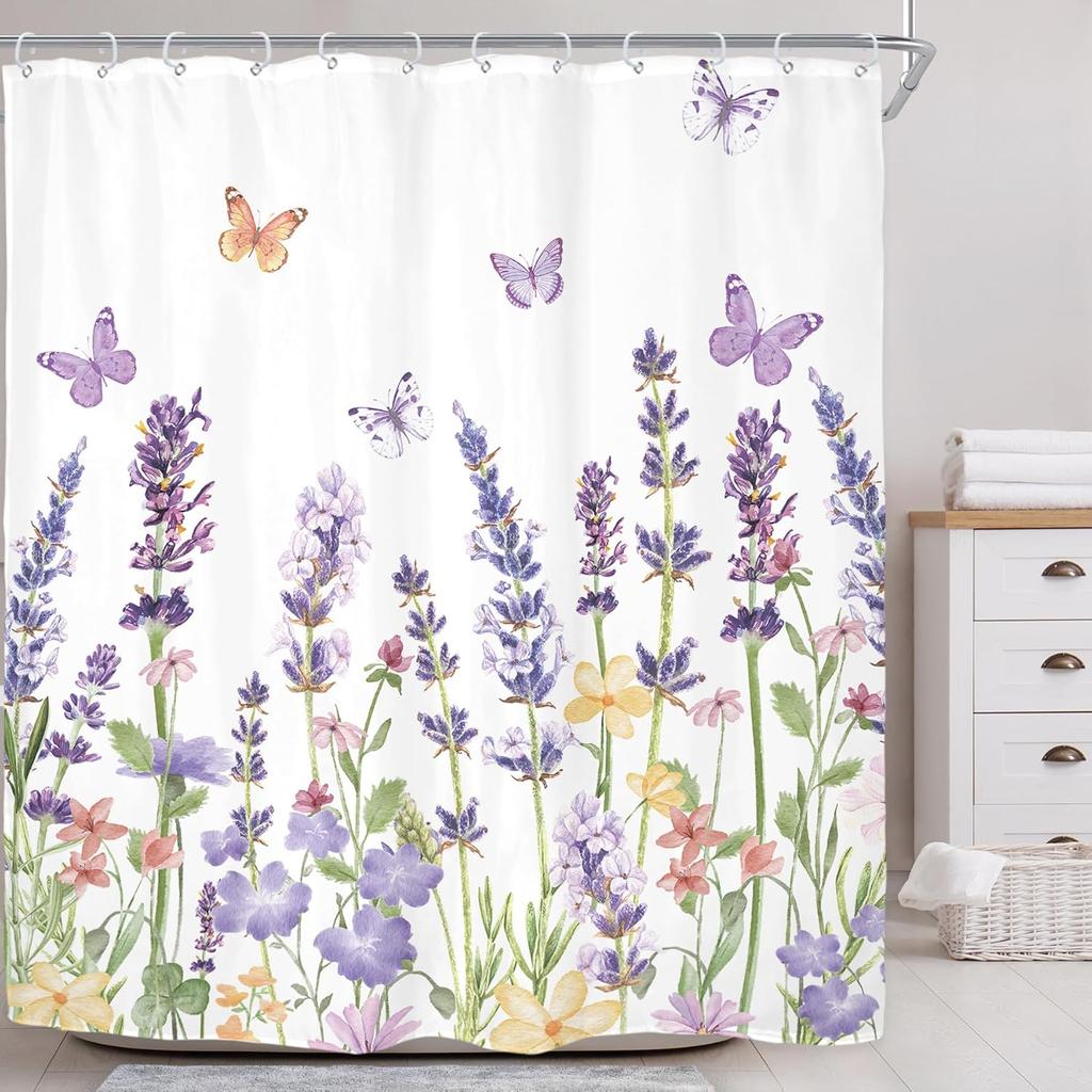 Purple Lavender Shower Curtain, Floral Wildflower Butterfly Print, Waterproof Polyester Bathroom Decor