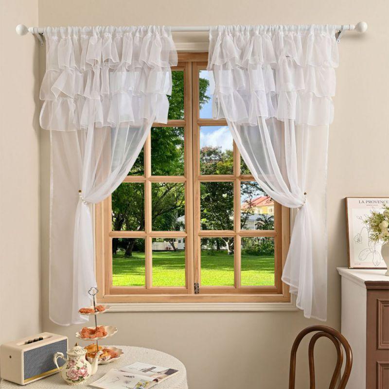 2pcs Sheer Lace Curtains with Pleated Ruffles Gauze Curtain