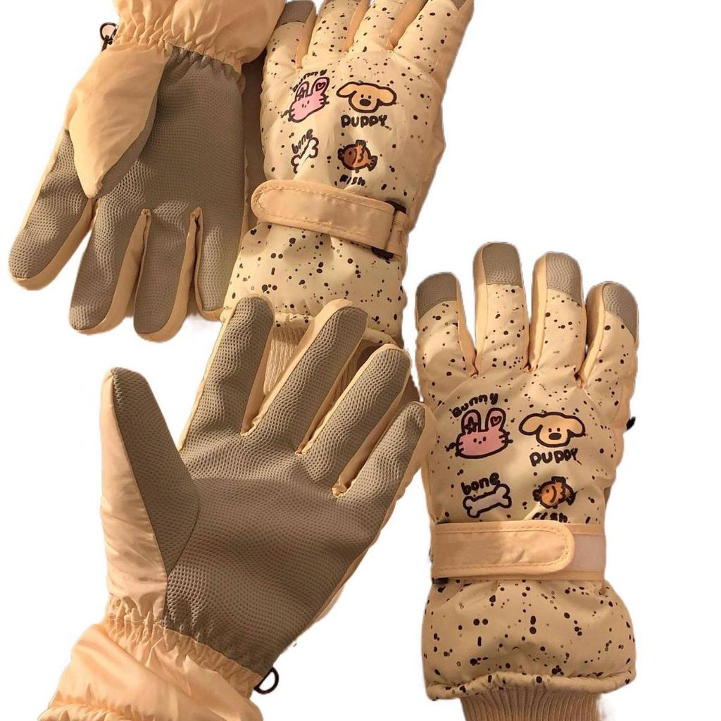 Dámské teplé lyžařské rukavice pro dotykové displeje - s sametovou podšívkou, voděodolné, s ochranou všech prstů pro cyklistiku a jízdu.