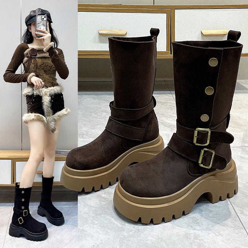 British Style Platform Heightening Martin Boots Women's New Small Slim Medium Tube Knight Short Boots In Autumn and Winter 2025
