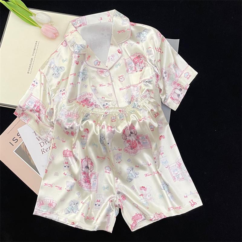 Sweet Kawaii Little Cat & Dog Women's Pajamas Y2k Japan Korean Cartoon Cute Harajuku Nightgown 2024 New Summer Cool Lounges