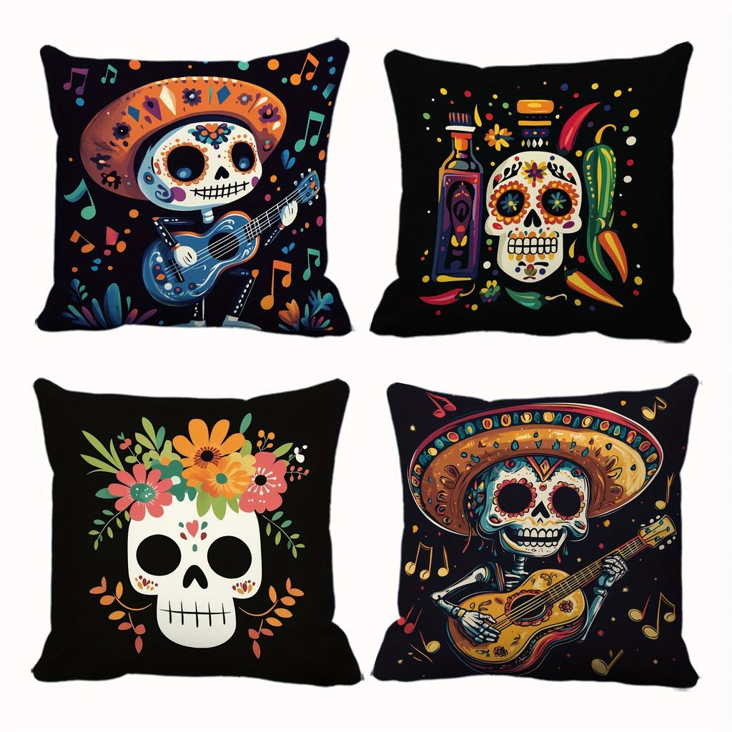 4 Stück Mexikanischer Tag der Toten Totenkopf Volkskunst Bunte Illustration Kissenbezüge, Festliche Dekorative Kissenbezüge für Zuhause
