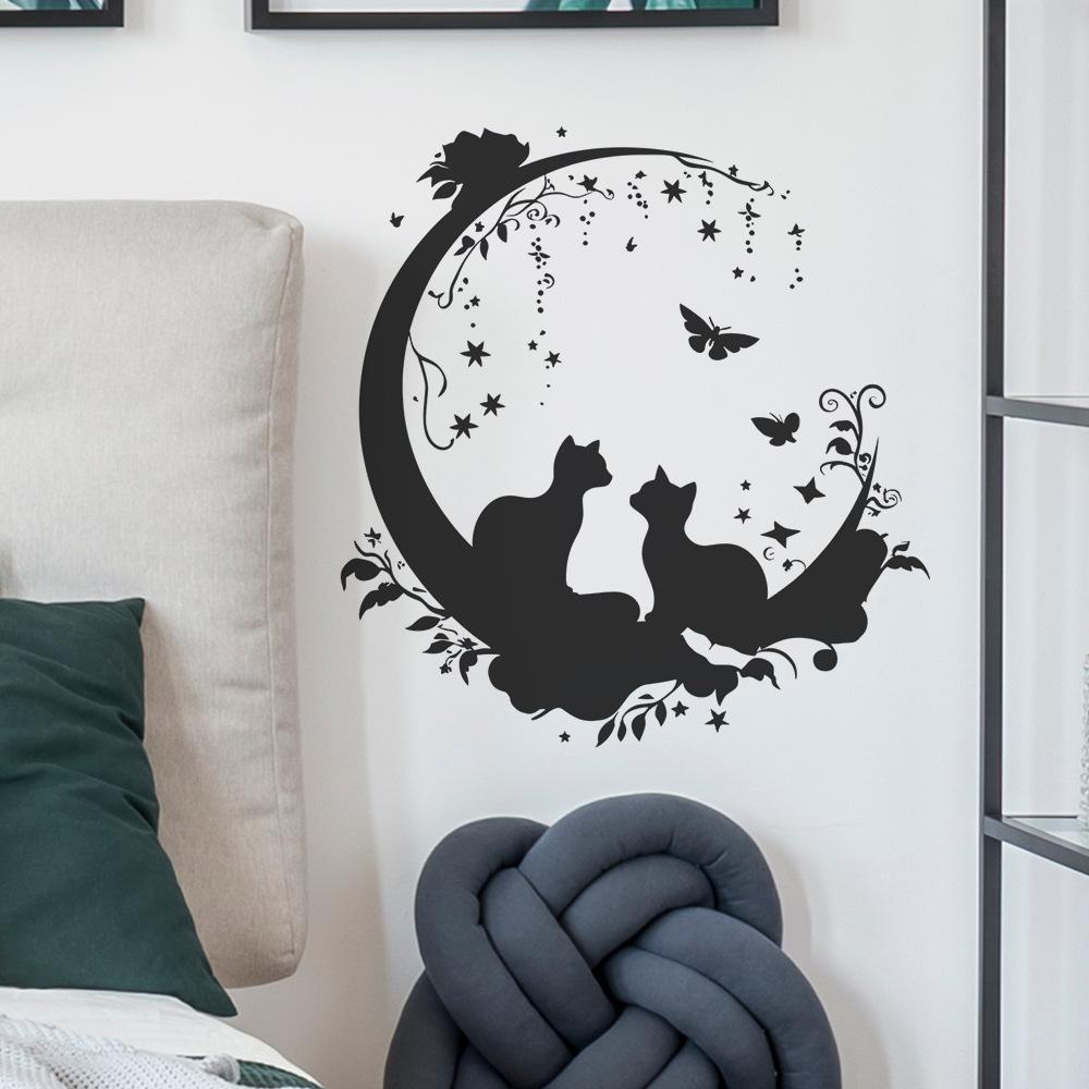 Creative Couple Cats Silhouette Wall Stickers, Romantic Home Decor for Bedroom, Living Room and Hallway, Love Themed Wall Art