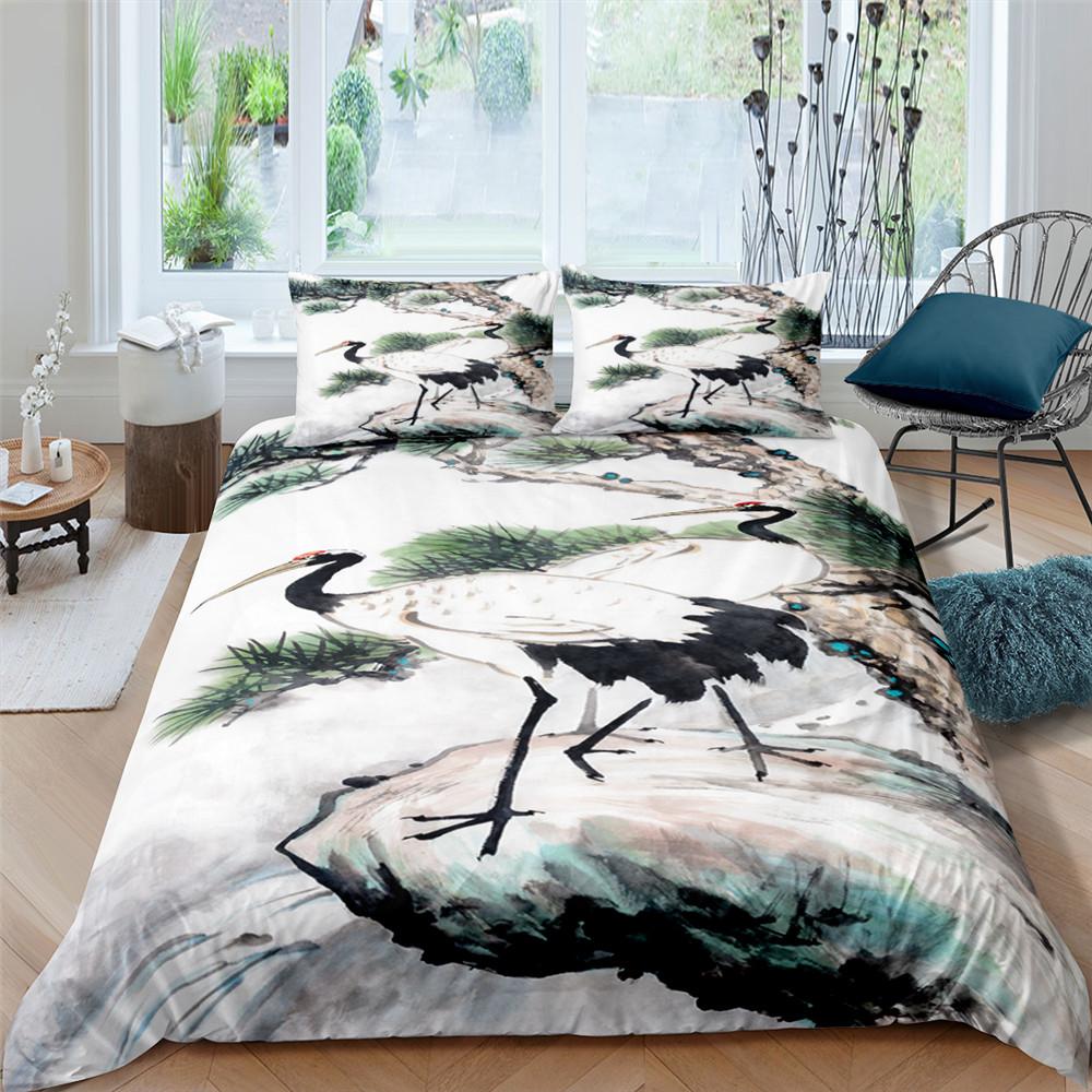 Landscape Painting Duvet Cover Set 3D White Crane Bamboo Art Pattern Comforter Cover King For Kid Boy Girl Polyester Bedding Set