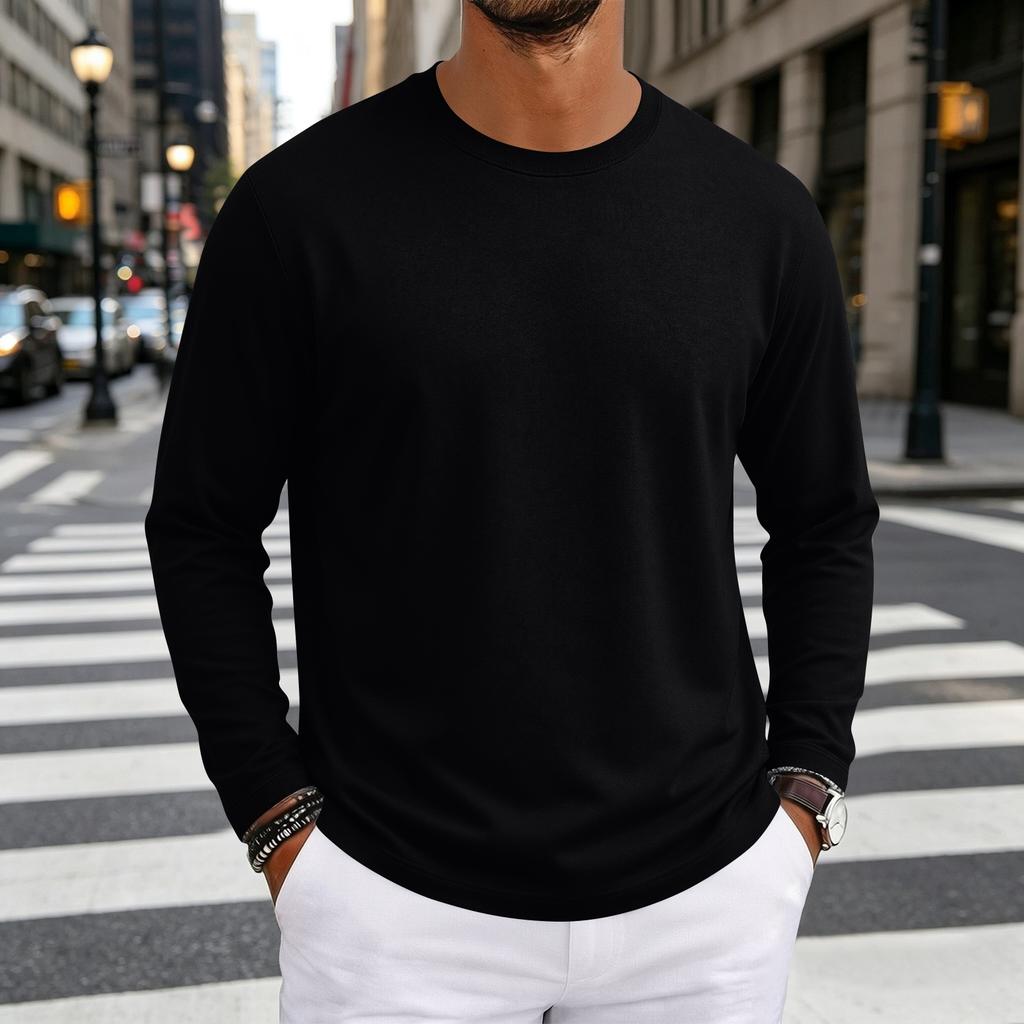 T-shirt da uomo a maniche lunghe con scollo morbido per uso casual quotidiano