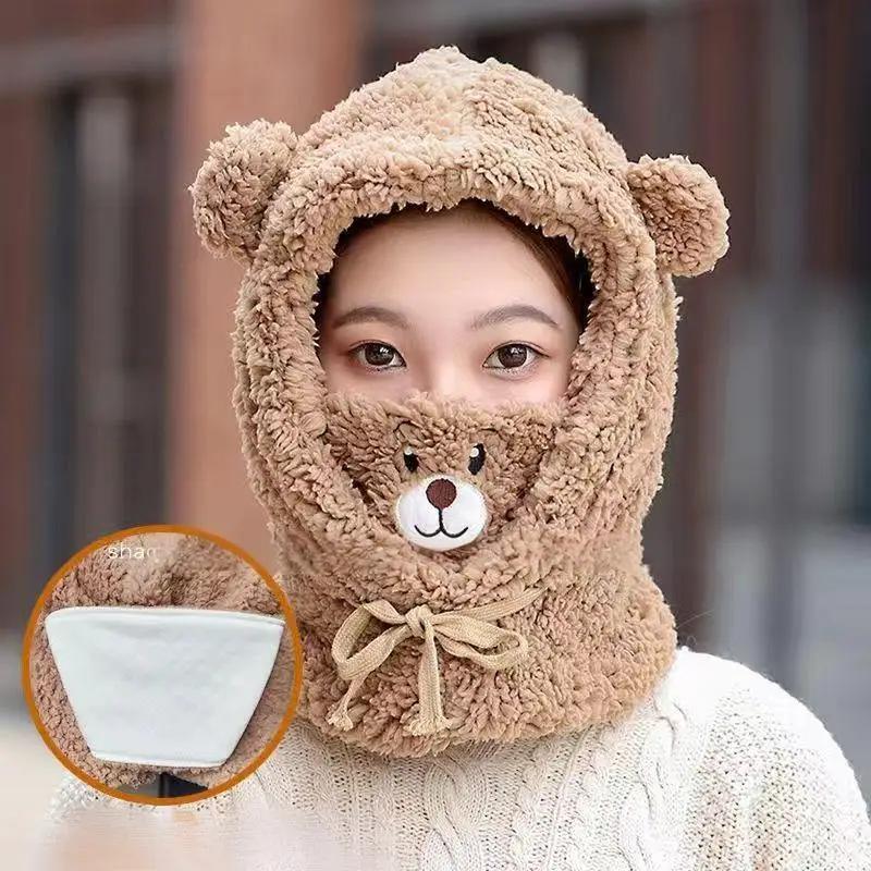 Cute Bear Ear Fluffy Hat Winter Windproof Balaclava Mask Scarf Neck Warmer for Cycling Outdoor Sports Unisex Adult Kids