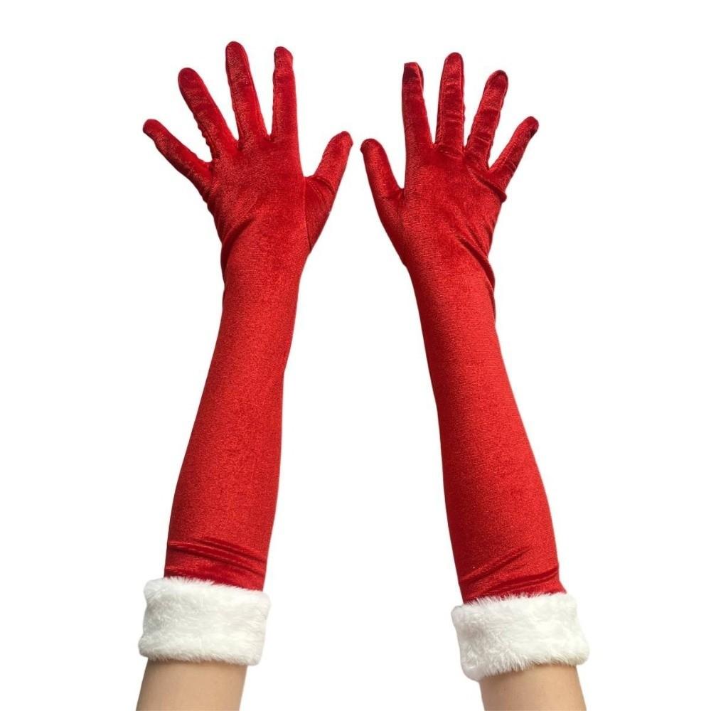 White Furry Cuff Christmas Gloves Plush Etiquette Mittens Red Velvet Long Gloves Winter