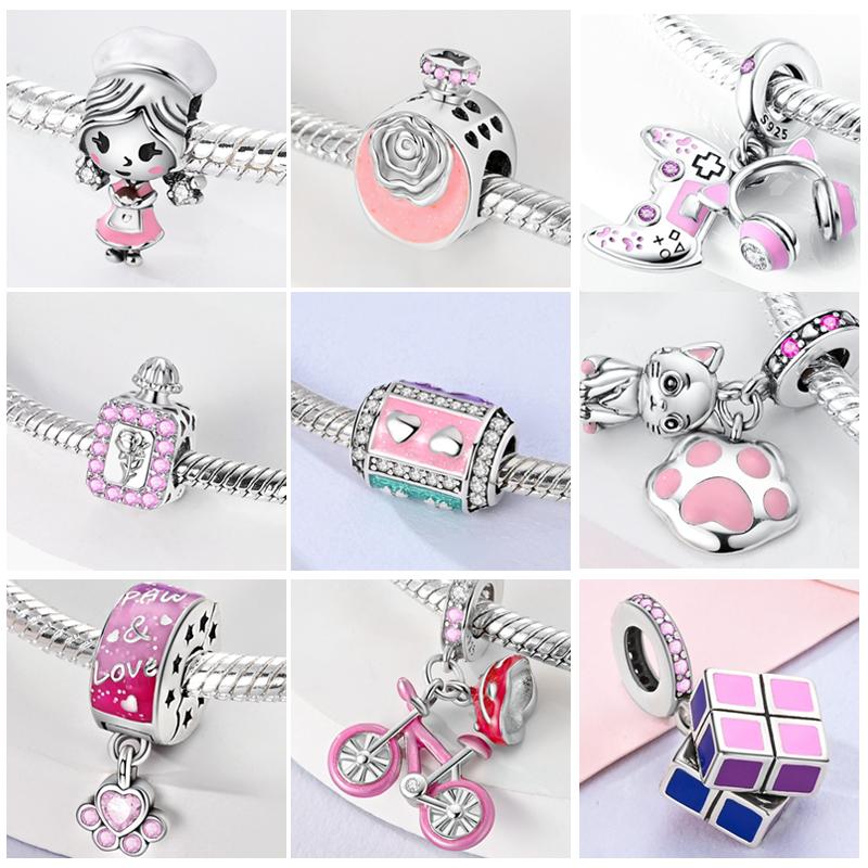 New Copper Charms Beads Pink Series Perfume Cake Princess Skirt Pendant Fit Original Bracelet Diy Jewelry Gifts