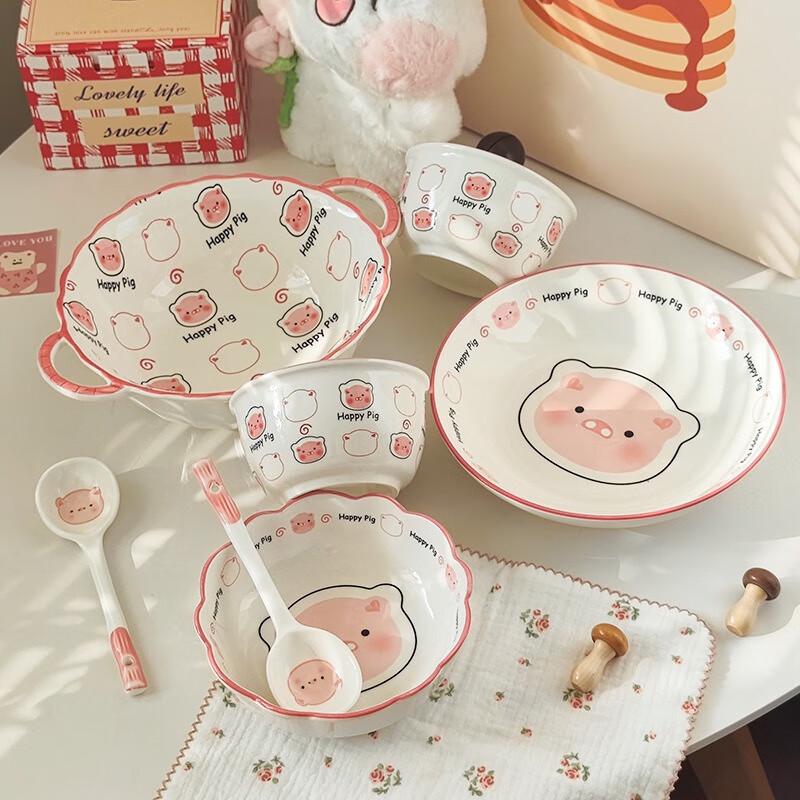 Fumai De Cute Pig 7-Piece Ceramic Rice Bowl Set