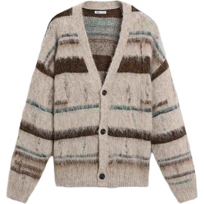 Loose Hollow Striped V-Neck Cardigan Long Sleeve Sweater Men Sweater Off-White 09598369-35