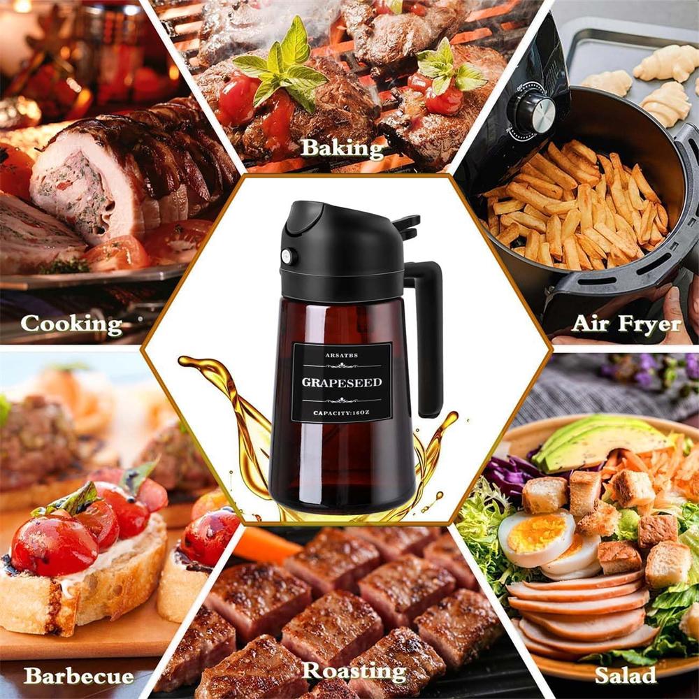 Oil Sprayer for Cooking,470ml 2 in 1 Olive Dispenser Bottle Kitchen Gadgets for Air Fryer/BBQ,Glass Mister Spray with Stickers