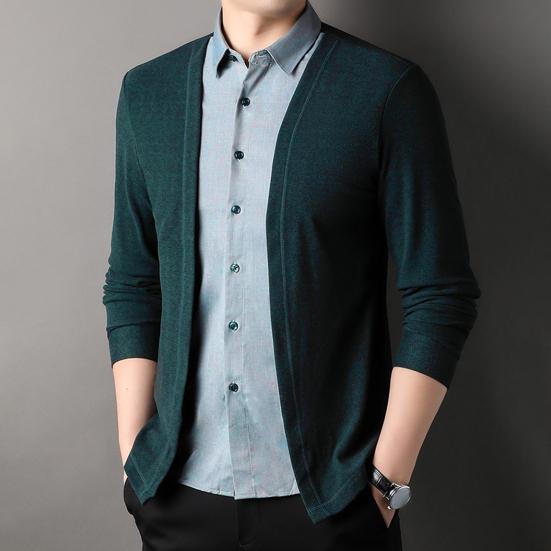 Men Shirt Fake Two-piece Cardigan Turn-down Collar Single-breasted Long Sleeves Color Matching Knitted Formal Business Style Top