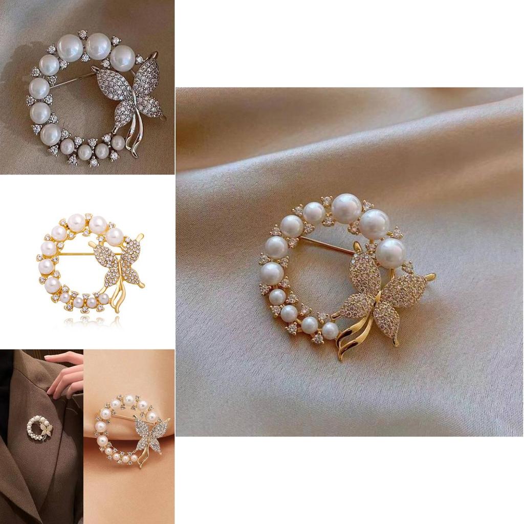 Stylish And Elegant Silver And Gold Butterfly Brooch With Rhinestones And Pearls For Women