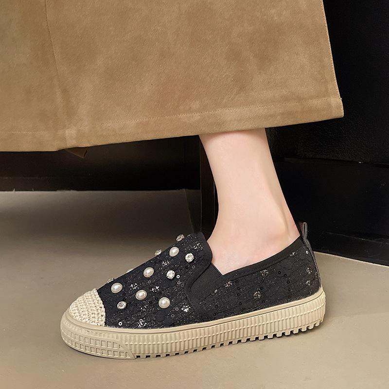 Fisherman Shoes Rhinestone Single Shoes New Summer 2025 Korean Version Fashion Outer Wear Pearl Rhinestone Flat Straw Slippers Women