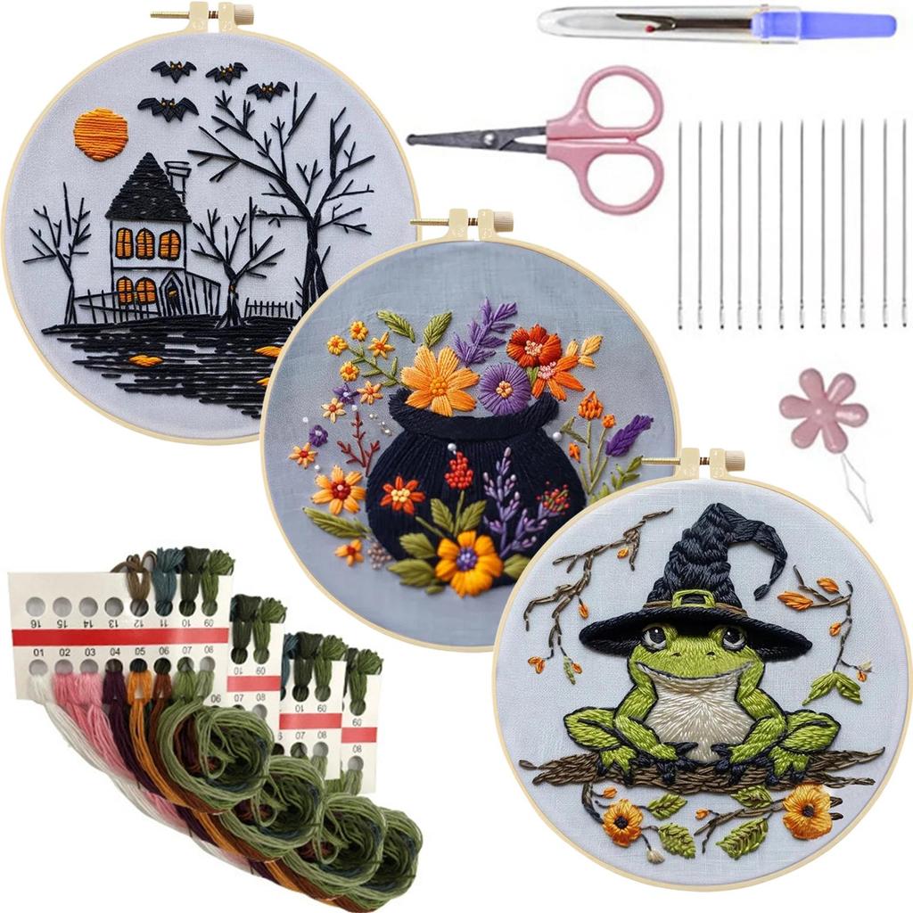 4pcs Stamped Cross Stitch Kits with Embroidery Hoop Needles Threads Instruction Embroidery Kit Cross Stitch Set for Beginners
